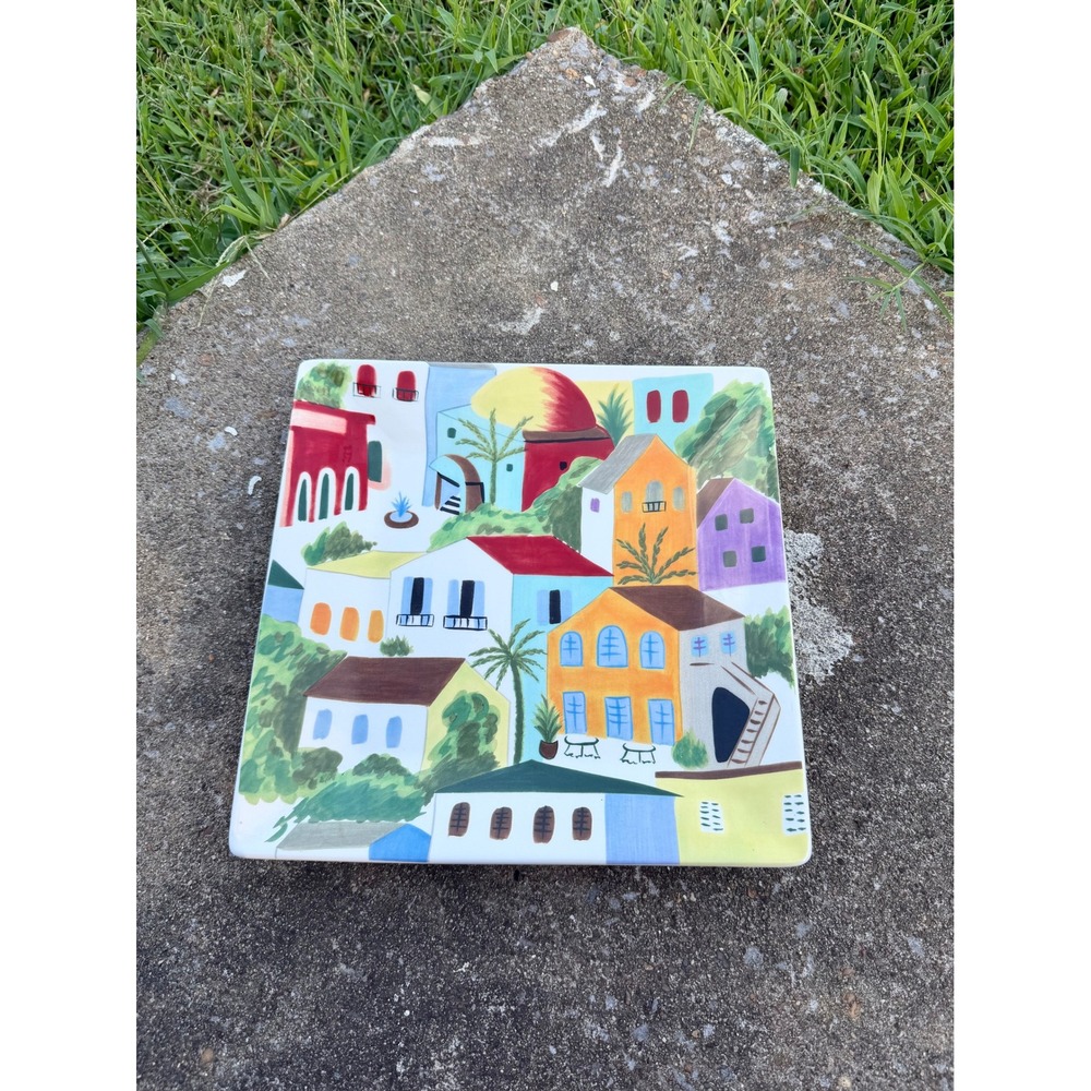 Pier 1 Villa Del Sol Hand Painted Square Plate Mediterranean Village Scene 10.5"